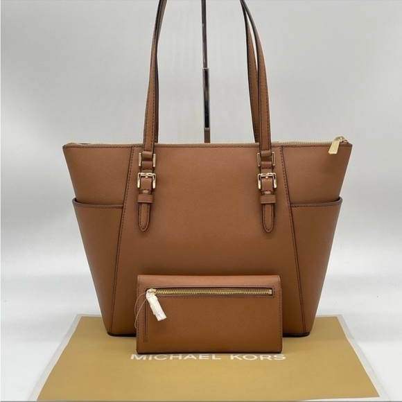 Michael Kors Large Charlotte Tote Bag & Large Trifold Wallet Luggage Brown - Picture 4 of 13